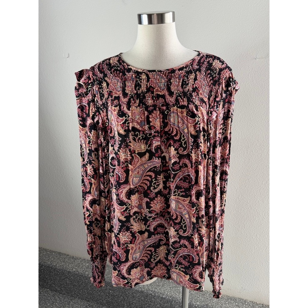 Knox Rose Womens XL Paisley Smocked Yoke Long Sleeve Blouse Black Pink Rayon